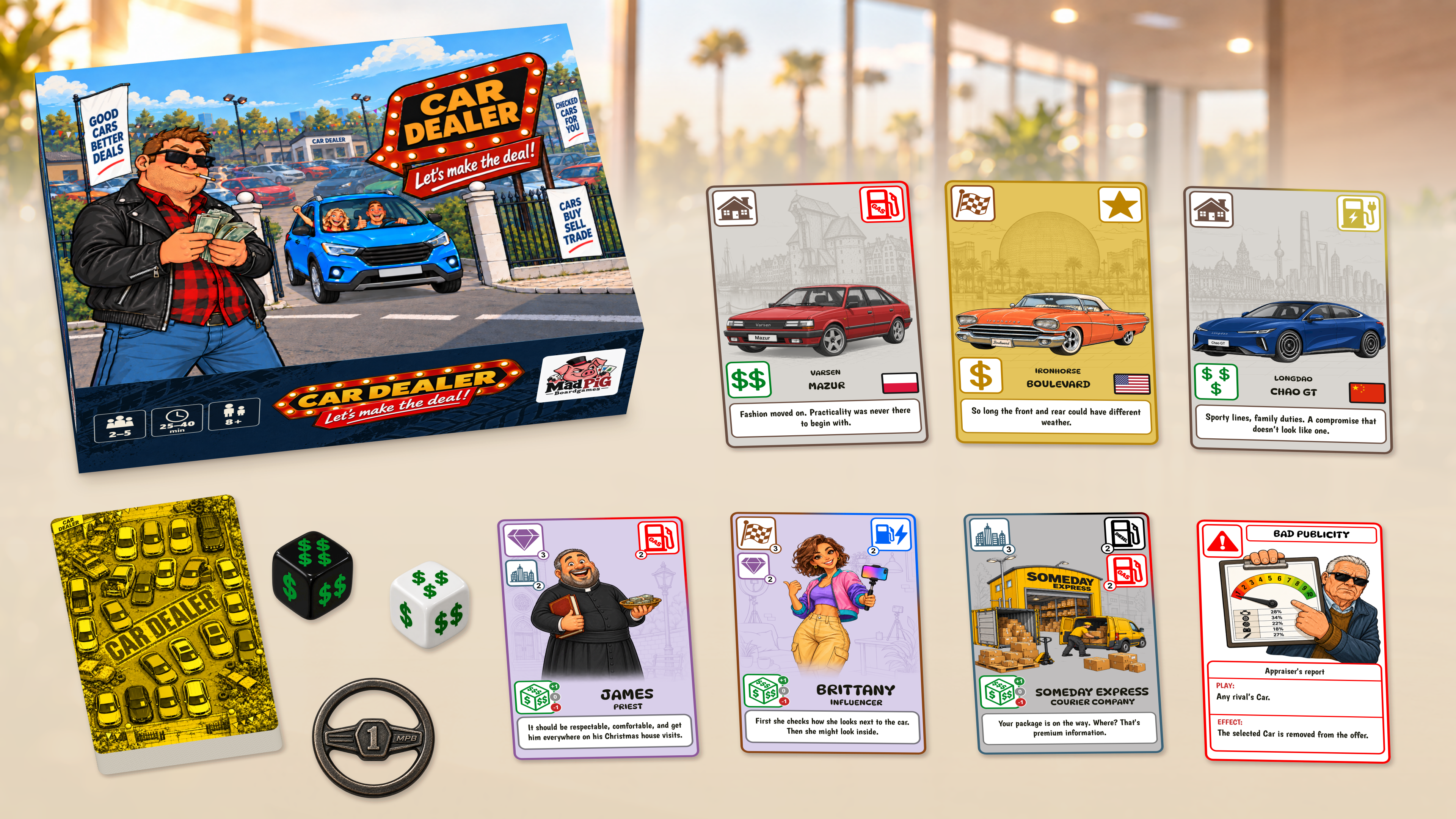 Car Dealer game box and components