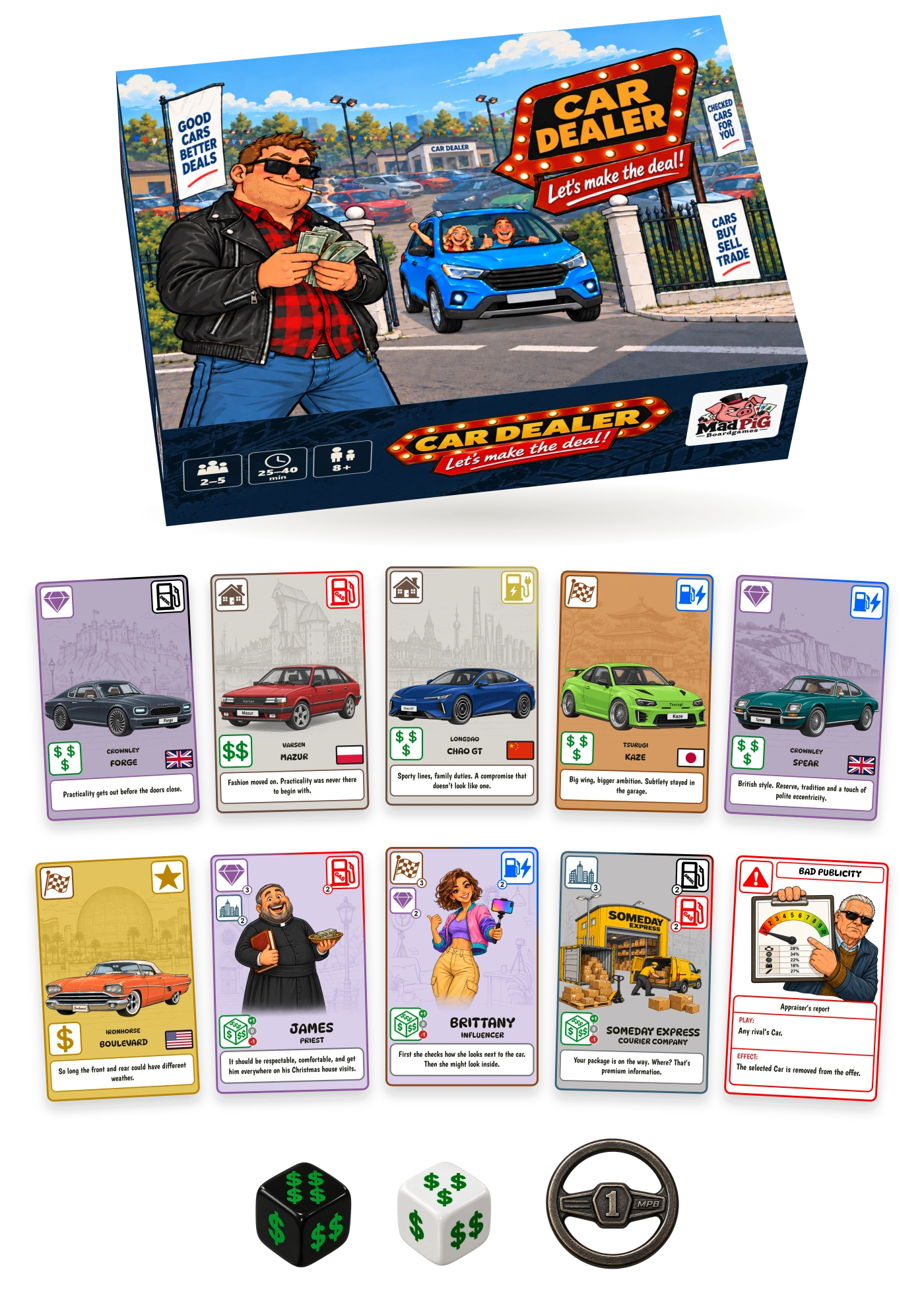 Car Dealer game box, ten example cards, two price dice and first-player marker